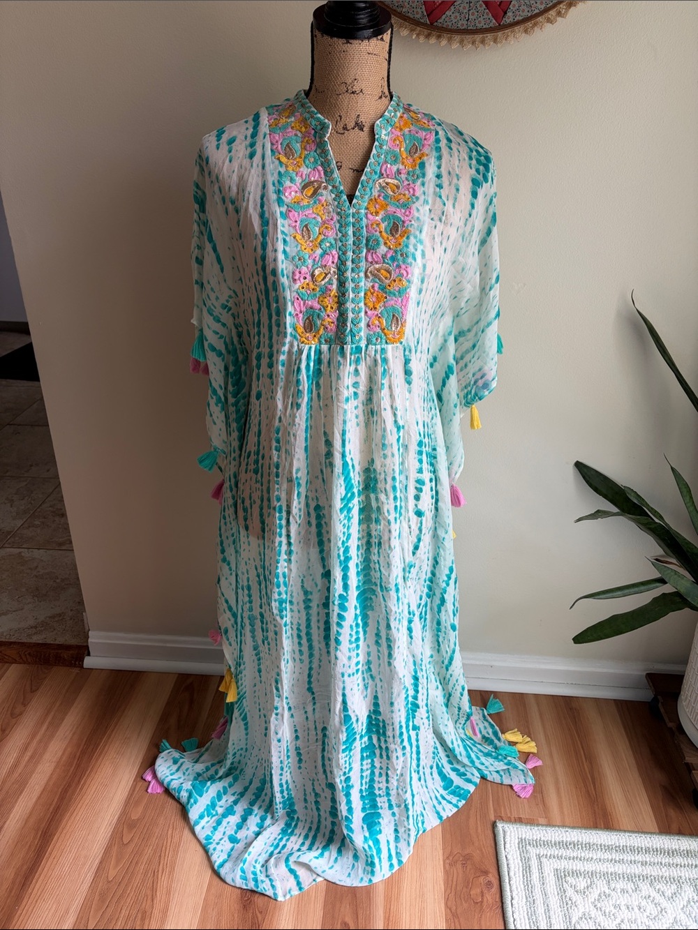 Miss June Paris Caftan Beach Swim Coverup Tassels Tie Dye Embroidered